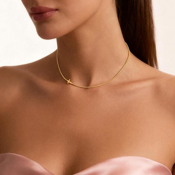 Women's 2-gold 14k Gold Plated Cross Choker Minimalist Simple Dainty Necklaces - Picture 2 of 7